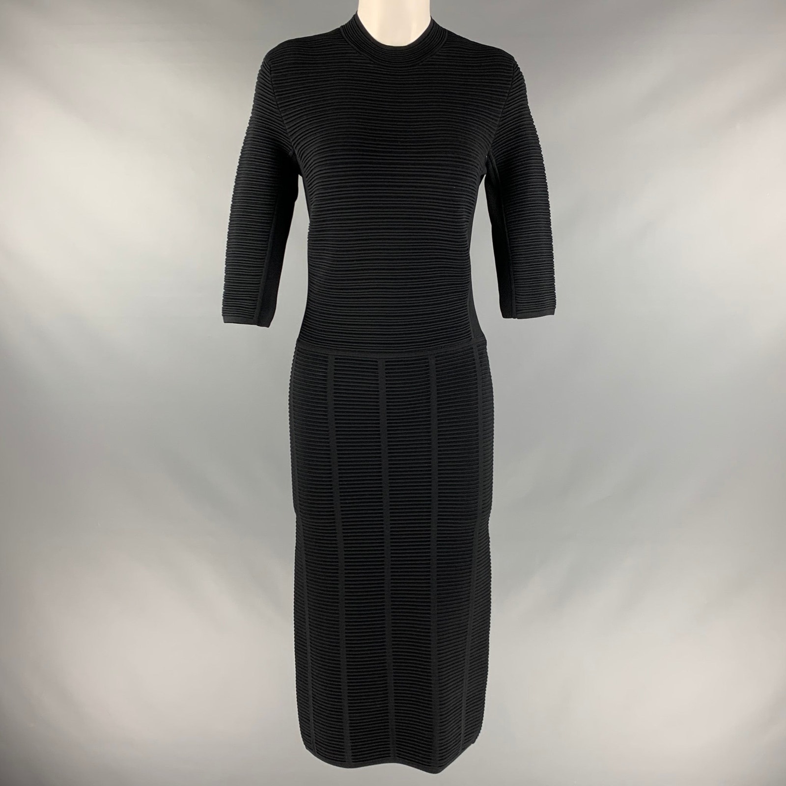 Emporio Armani Size 6 Black Ribbed 3/4 Sleeves Mid-Calf Dress